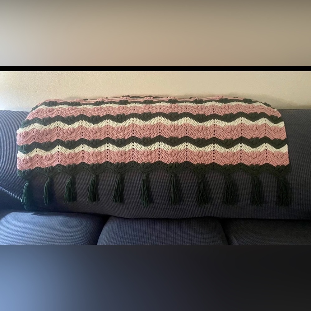 Zig Zag Chevron 3D Flower With Tassel Afghan Crochet Pink Cream Green Rosanne
